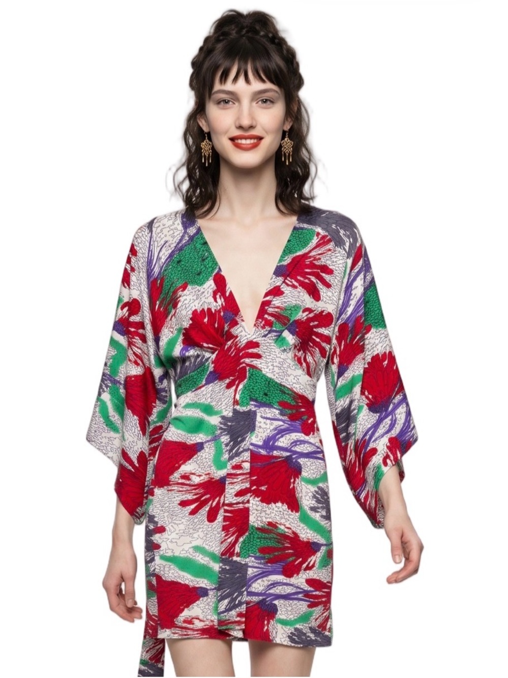T-Bags Multicolor Floral Kimono Mini Dress V neck Long sleeve Empire waist CUTE - Picture 15 of 16